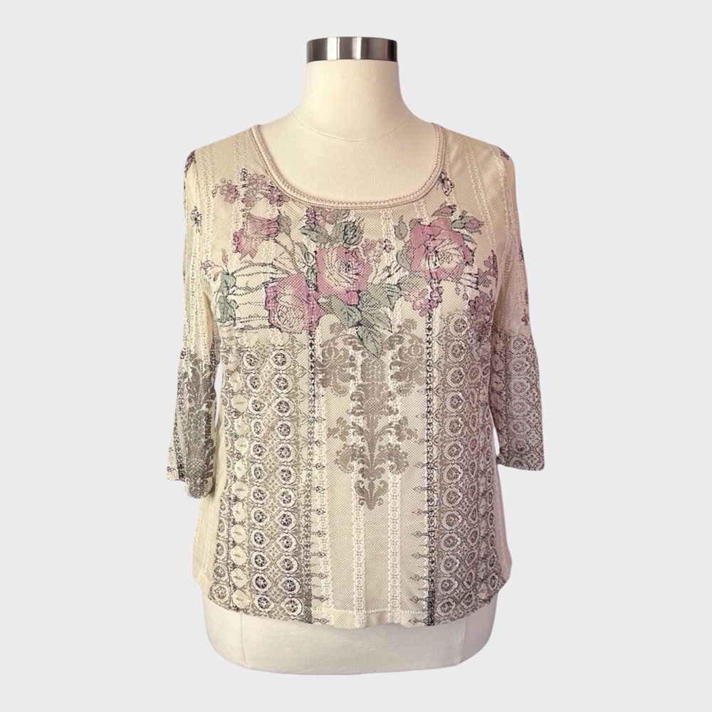 Vanilla Sugar Floral Patchwork Print Three Quarter Sleeve Mesh‎ Top